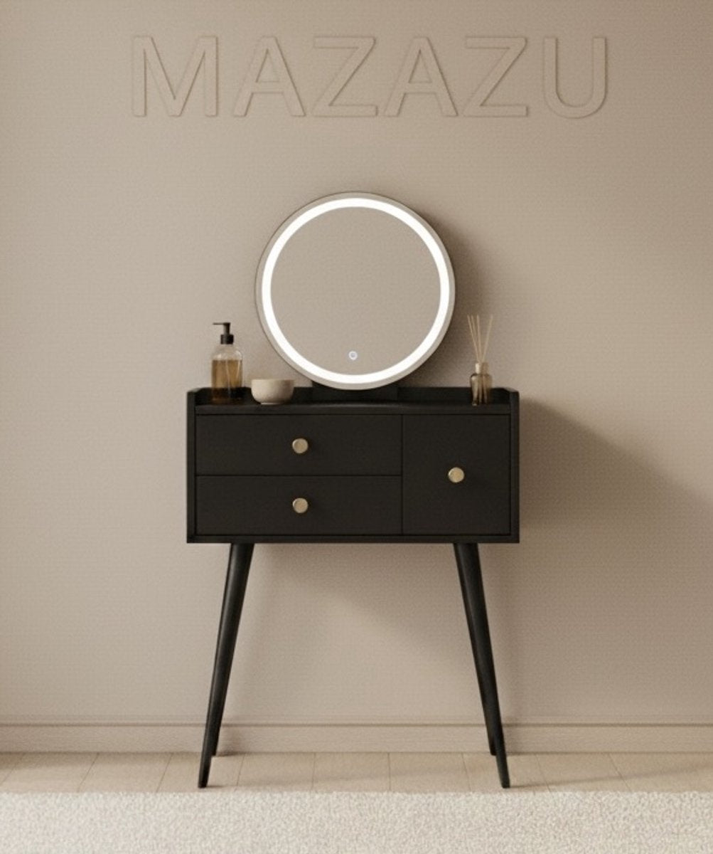 MAZAZU Kaptafel zwart met lades en LED-spiegel –Make up - tafel - 135cm - afbeelding 1