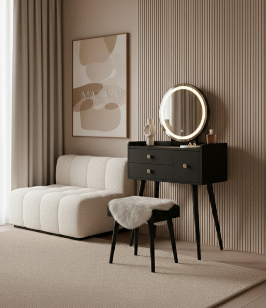 MAZAZU Kaptafel zwart met lades en LED-spiegel –Make up - tafel - 135cm - afbeelding 2