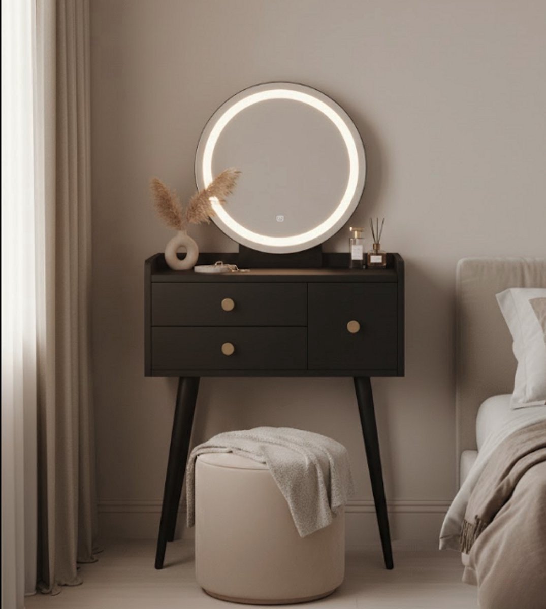 MAZAZU Kaptafel zwart met lades en LED-spiegel –Make up - tafel - 135cm - afbeelding 4