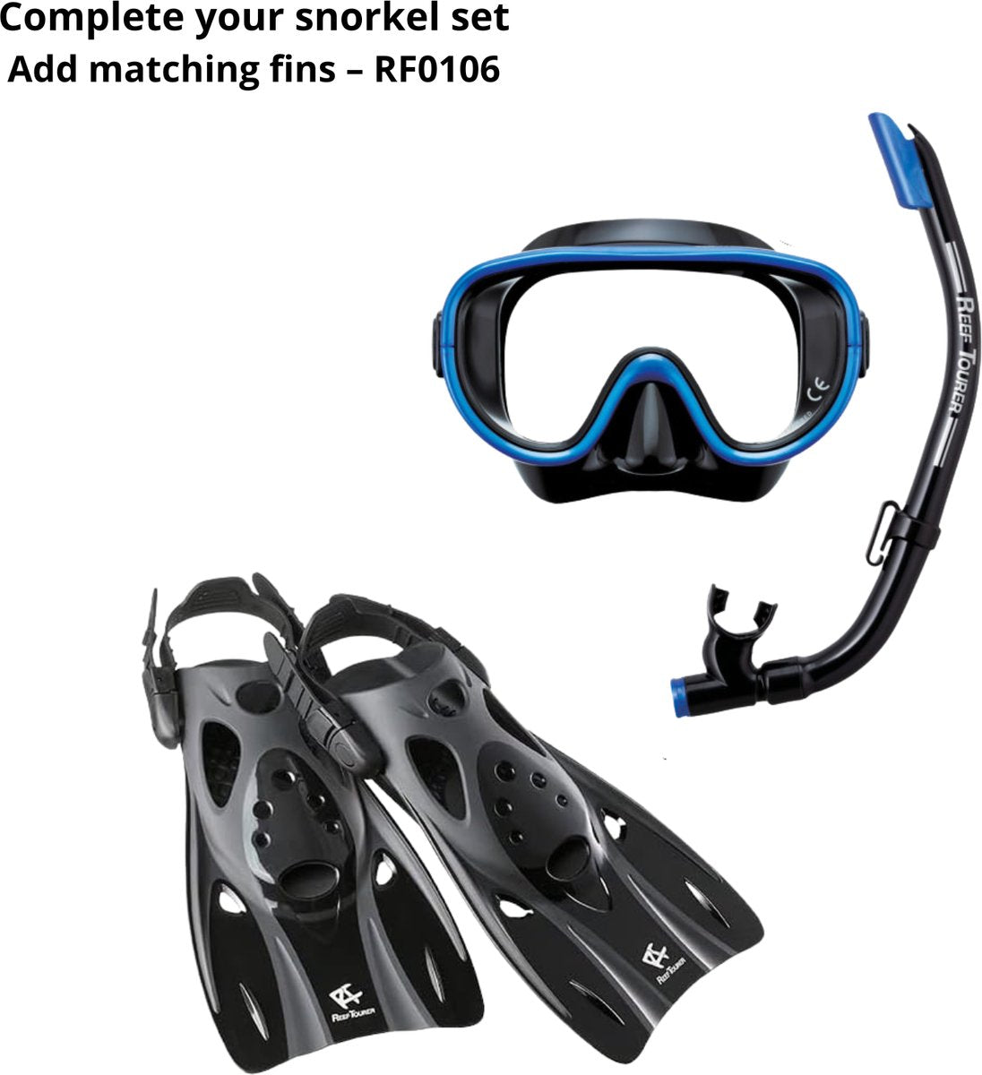 ReefTourer Snorkelset – Premium duikbril met snorkel, hypoallergene siliconen snorkelmasker één venster – Zwart/Blauw – RC-0105-BK/MB - afbeelding 2