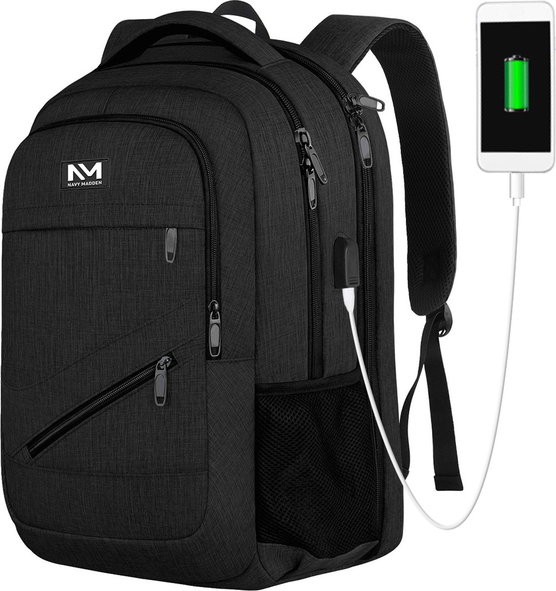 Rugzak met USB Oplaadpoort 17,3 inch Zwart Luxe Laptop Rugtas - Schooltas - Heren - Dames - Jongens - Meisjes - Waterafstotend - Rugzakken - afbeelding 1