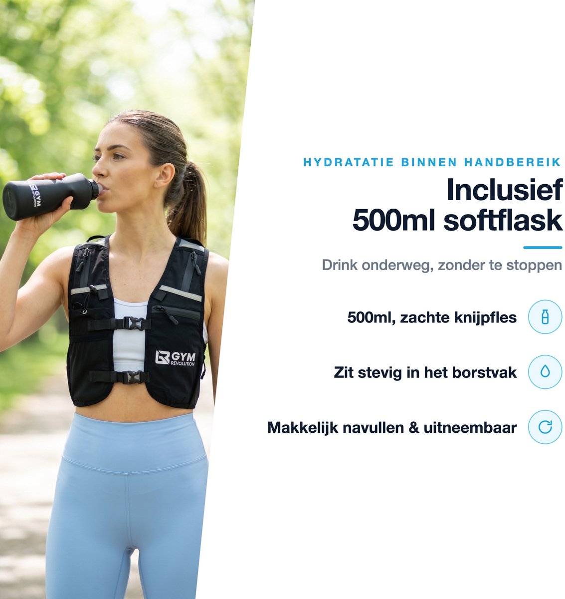 Gym Revolution - Hardloopvest met Verlichting en Waterfles - Reflecterend running vest met telefoonhouder - Zwart - afbeelding 3