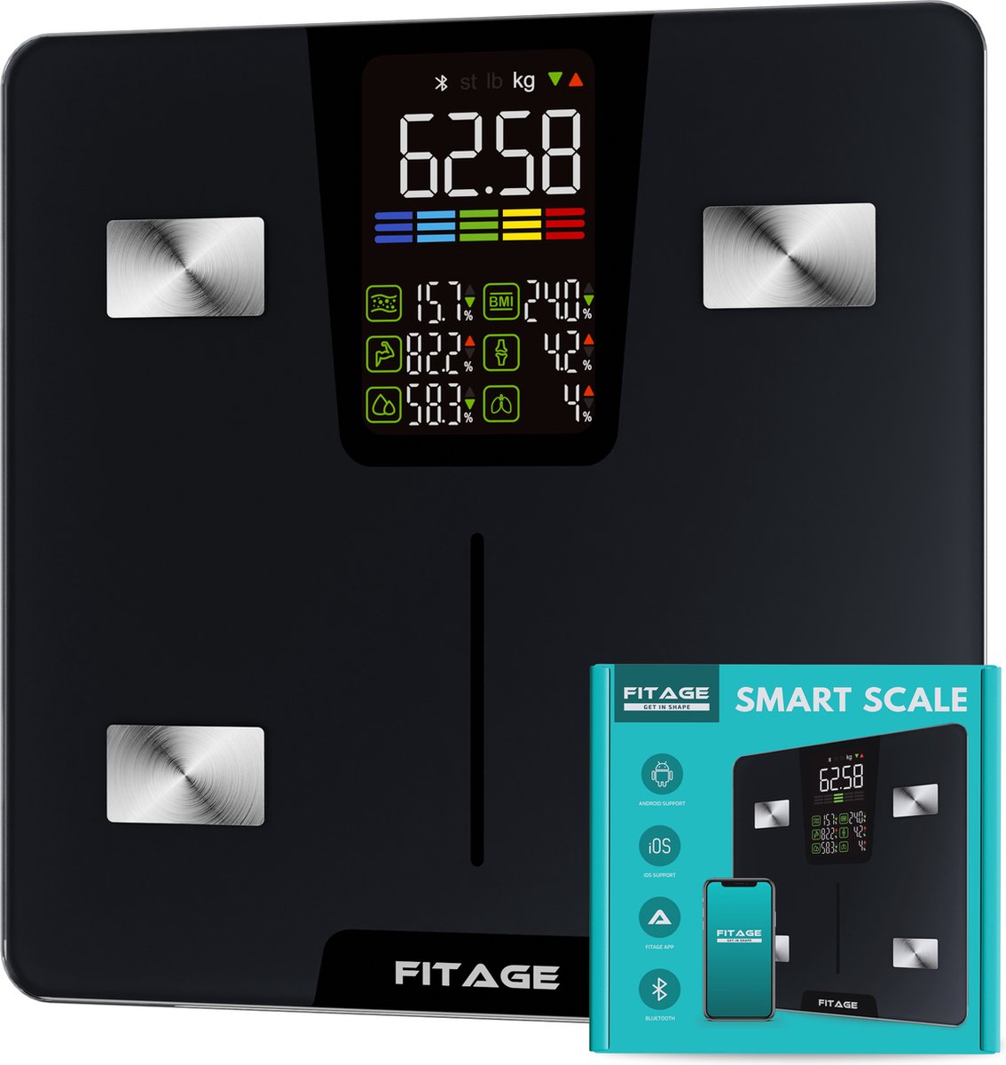 FITAGE LED Weegschaal Personenweegschaal Digitaal - Slimme Weegschaal met 17x Lichaamsanalyse - Weegschalen - FITAGE App - afbeelding 1