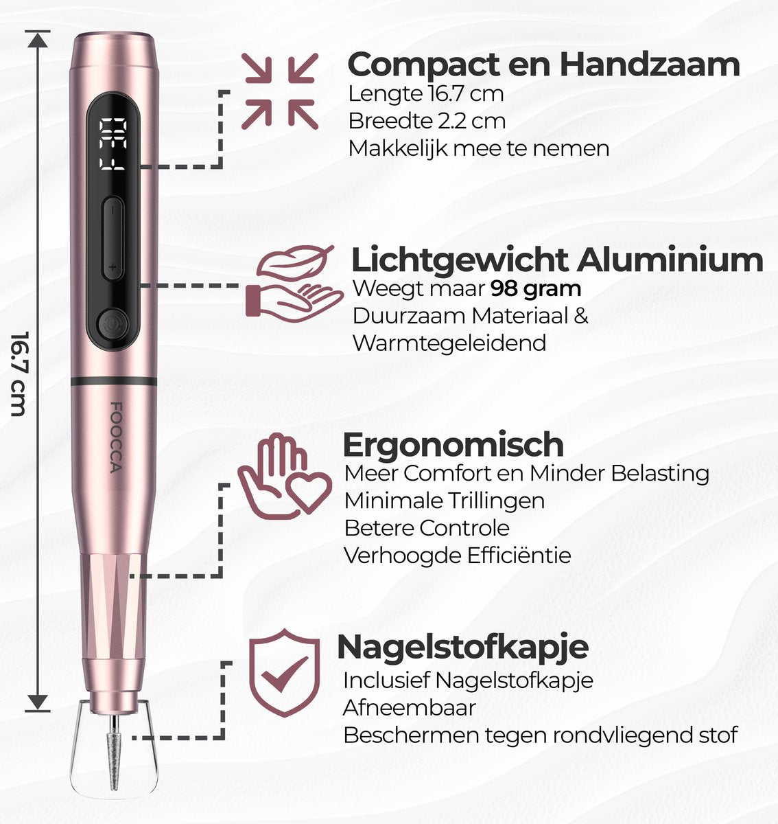 FOOCCA® Draadloze Elektrische Nagelvijl - Nagelfrees 30000 RPM - Oplaadbaar - Wireless Pro - 12 Bitjes + 65 Schuurrolletjes + 3 Accessoires - Nagelstofkap - Manicure en Pedicure Set - Ergonomische Aluminium Behuizing - Eeltverwijderaar - Kalknagel - afbeelding 4