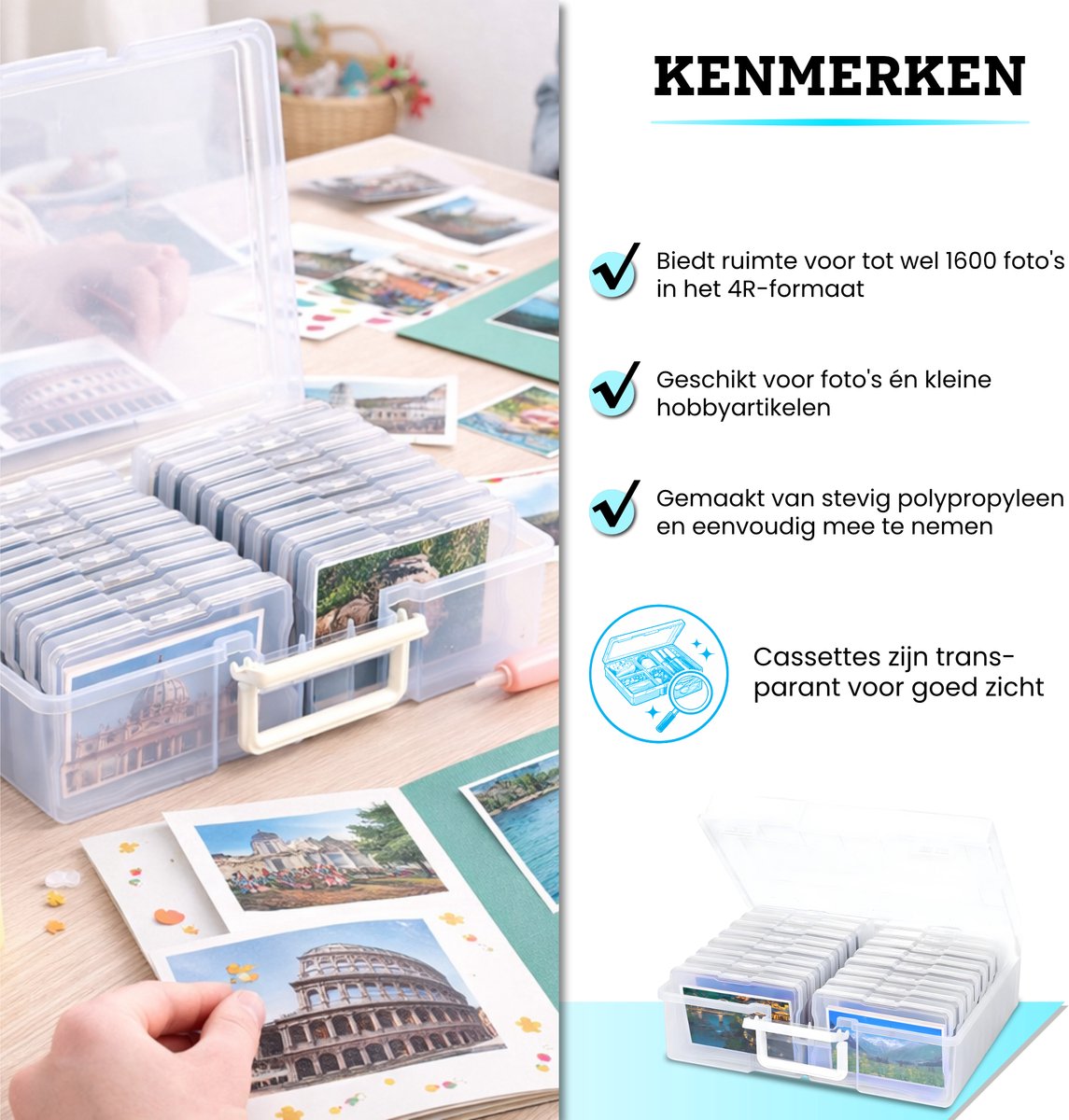 Somstyle Foto & Knutsel Organizer voor 1600 4R Foto's - 38 x 30 CM - Kleurgecodeerde Opbergbox - Opbergdoos met 16 Cassettes - Transparant - afbeelding 3