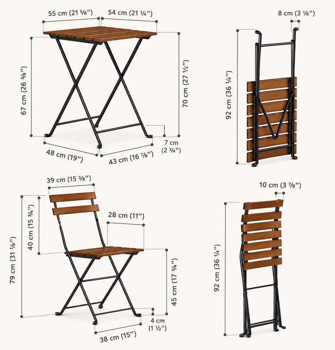 3-Delige Bistroset - Acaciahout / Metaal - 2 Tuinstoelen & 1 Tuintafel - Tuinset 2 persoons - Inklapbaar - afbeelding 4
