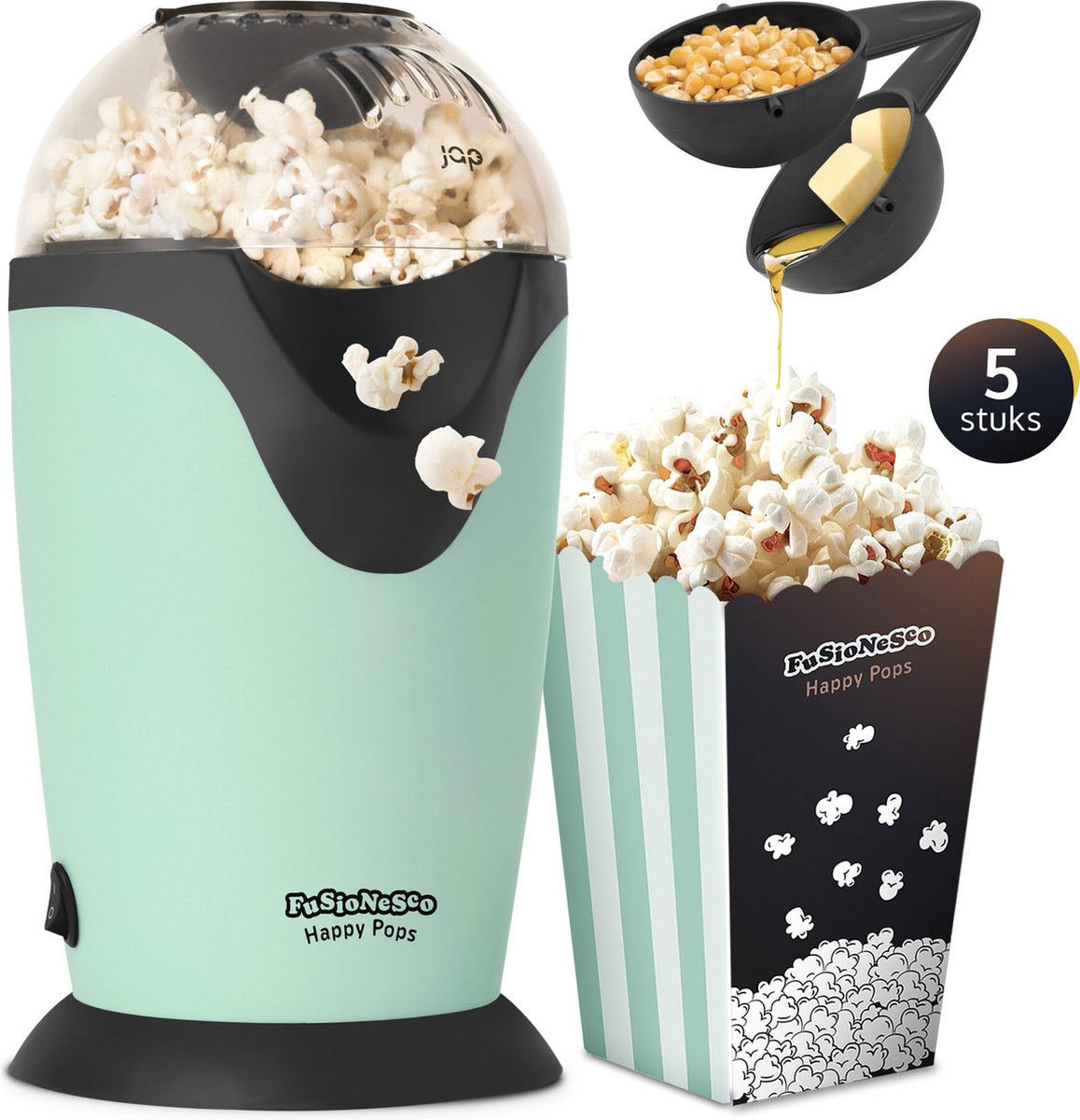 JAP Appliances Happy Pops - Retro popcorn machine (2-3 personen) 1200W - Inclusief maat- en botersmeltlepel - Klaar binnen 3 minuten - Zonder olie - Groen - afbeelding 1