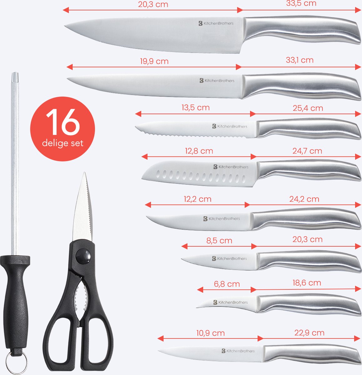 KitchenBrothers Messenset - Messenblok met Messen - Keukenmessen - 16-Delig - met Schaar en Aanzetstaal - Zilver/ RVS - afbeelding 3