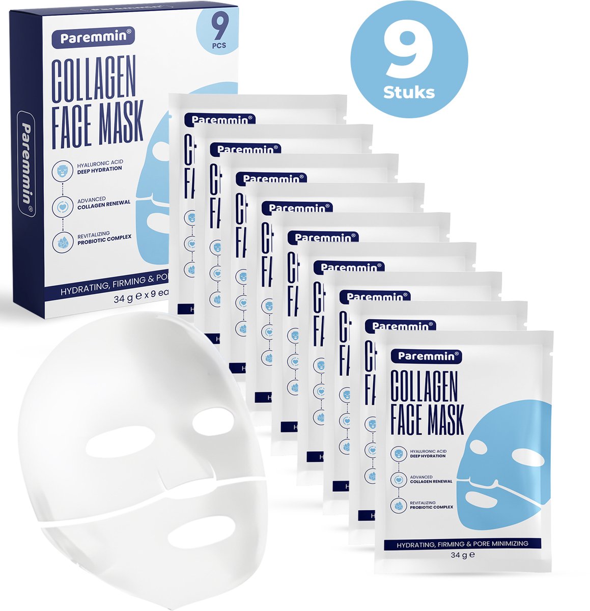 Bio-Collagen Gezichtsmasker 9 Stuks – Korean Beauty Collageen Mask – Hyaluronzuur Masker - afbeelding 1
