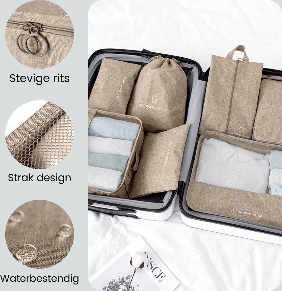 Packing cubes set 7-delig - organizer voor koffer en backpack - beige - afbeelding 5