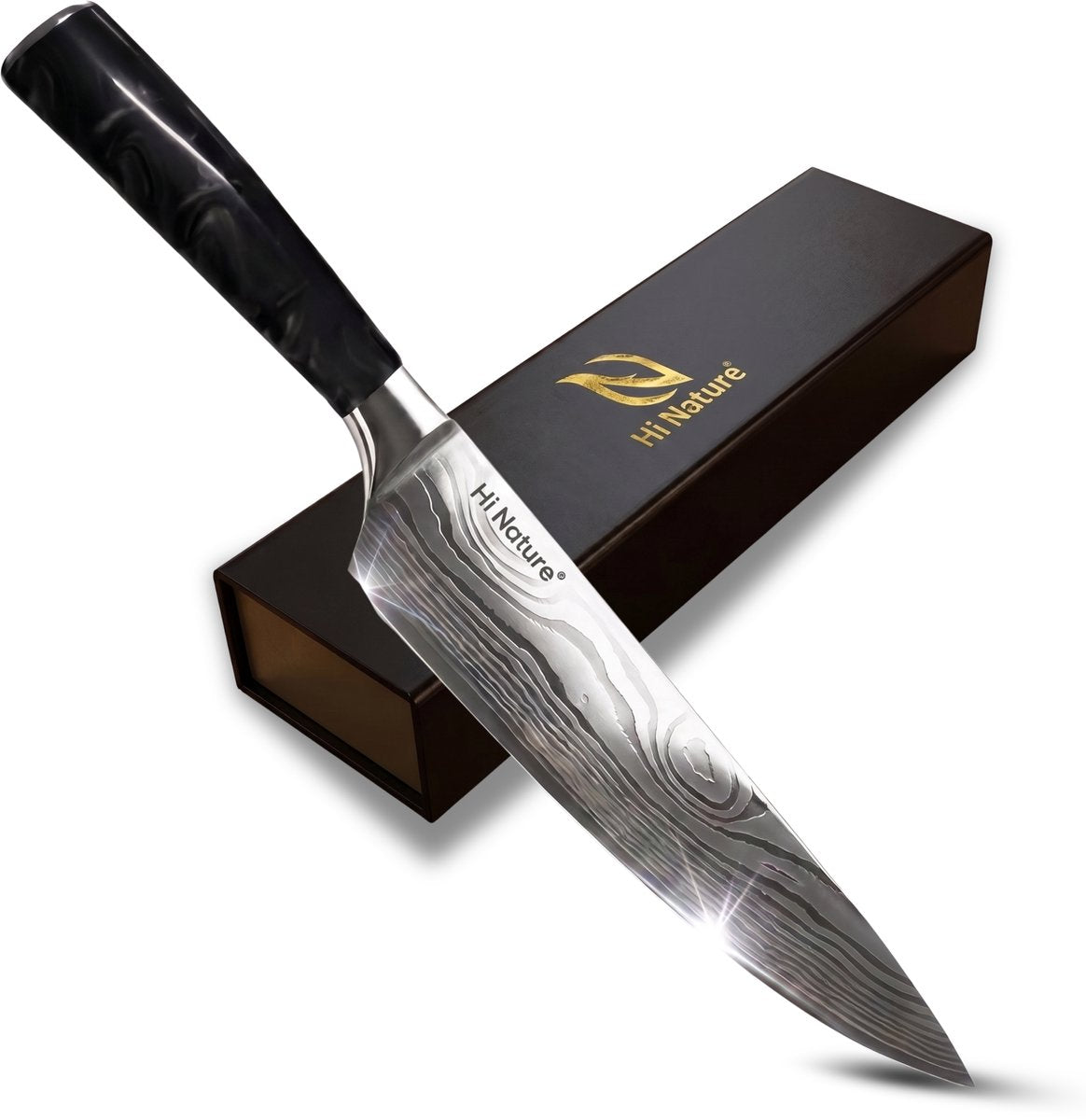 HI NATURE™ Koksmessen - Professioneel Koksmes Japans 20 CM Lemmet - Chef knife Damascus Patroon - Keuken Mes - Vleesmes - Japans Snijmes | Ergonomisch Handvat Koksmessen - japanse messen - Zwart - afbeelding 1