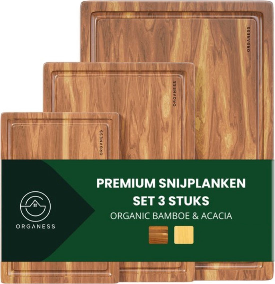 Organess 3-Delige Snijplankenset (38x25.3 / 30.5x20 / 23x15.2 cm) - Voor Keuken, Snijplanken, Serveerplank, Kaasplank, Borrelplank en Tapasplank - Snijplank Acacia Hout - afbeelding 1