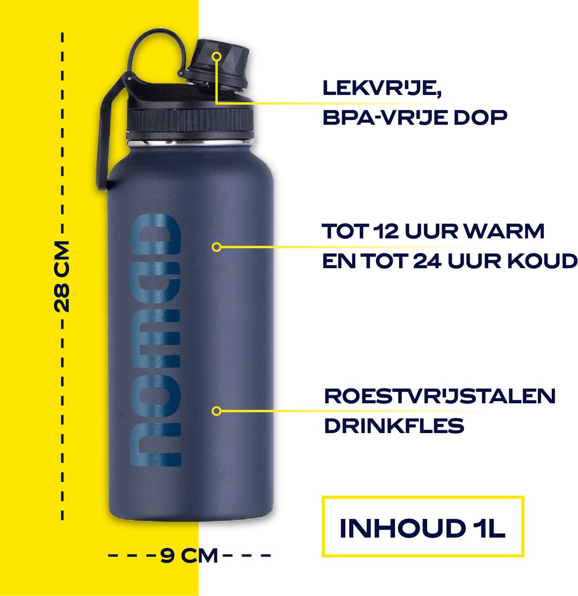 NOMAD Drinkfles 1 liter - Geïsoleerde RVS thermosfles - afbeelding 2
