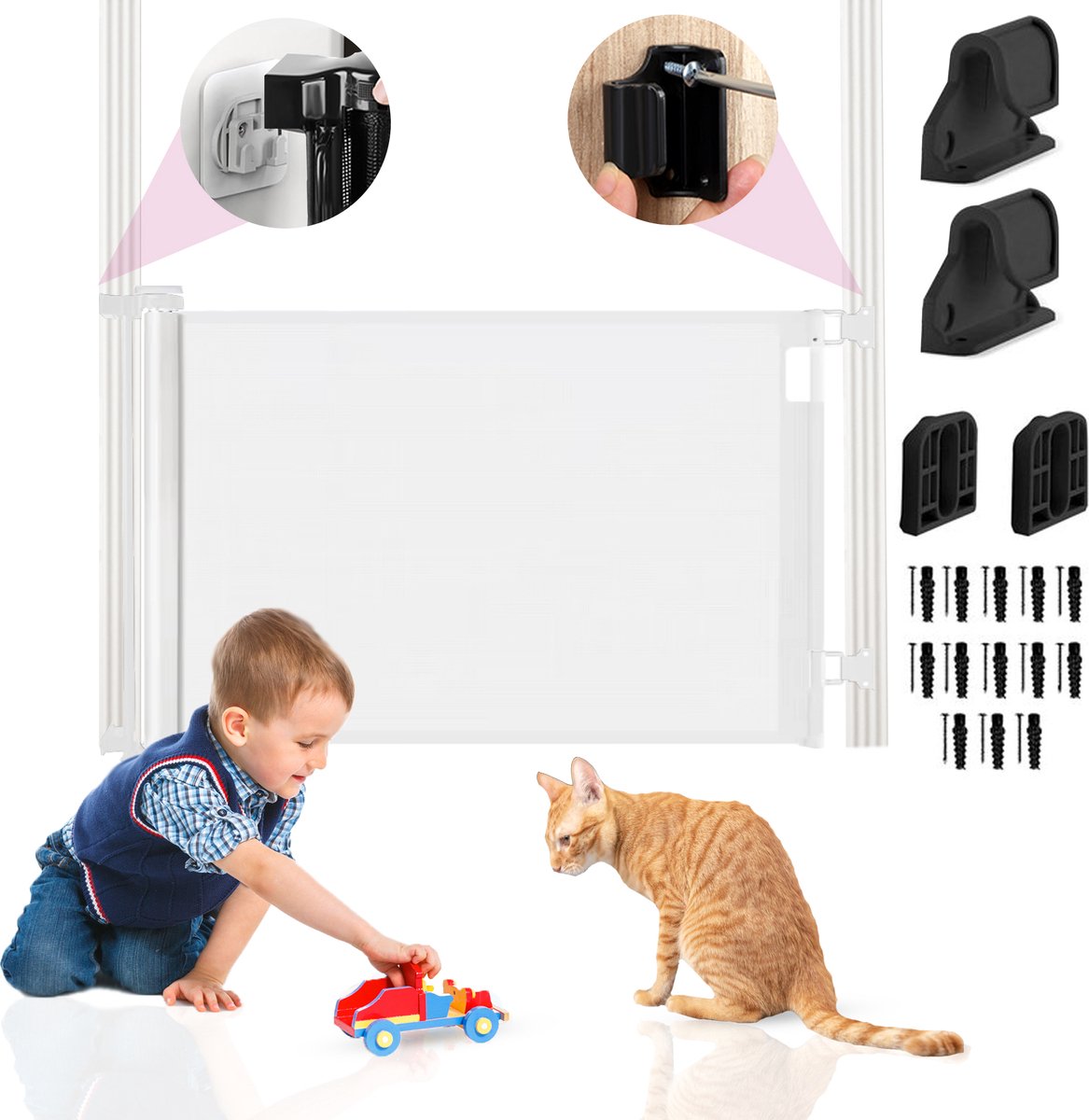 Oprolbaar Traphekje met stickerfunctie - Veiligheidshekje - Verstelbaar - Hondenhekje - Traphekje zonder boren - Kinderhekje - Voor dieren en kinderen - 10 tot 150 cm breed - Wit - Sweet Sprout - afbeelding 1