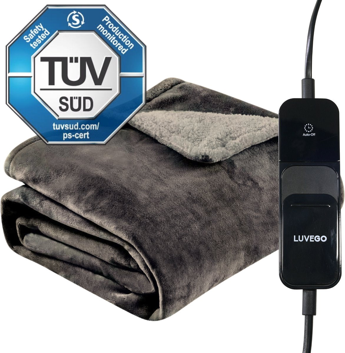 Luvego Elektrische Deken 1 Persoons Bovendeken & Warmtedeken - 160x120CM - TÜV GS - Omslagdeken & Knuffeldeken - 3 Warmtestanden - 120W - Verwarmingsdeken Fleece Plaid - Grijs - afbeelding 1