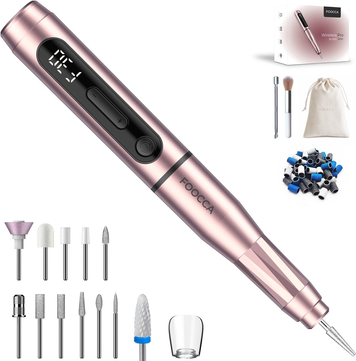 FOOCCA® Draadloze Elektrische Nagelvijl - Nagelfrees 30000 RPM - Oplaadbaar - Wireless Pro - 12 Bitjes + 65 Schuurrolletjes + 3 Accessoires - Nagelstofkap - Manicure en Pedicure Set - Ergonomische Aluminium Behuizing - Eeltverwijderaar - Kalknagel - afbeelding 1