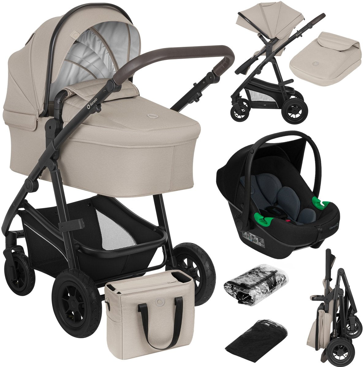Lionelo Bianka Kinderwagen 3 in 1 - Reiswieg + Wandelwagen + Autostoel - Grote Luchtbanden, Volledige Vering - Inklapbaar - Verstelbare duwstang - Buggy Omkeerbare Zitting - 0-22kg - Accessoireset - Beige - afbeelding 1
