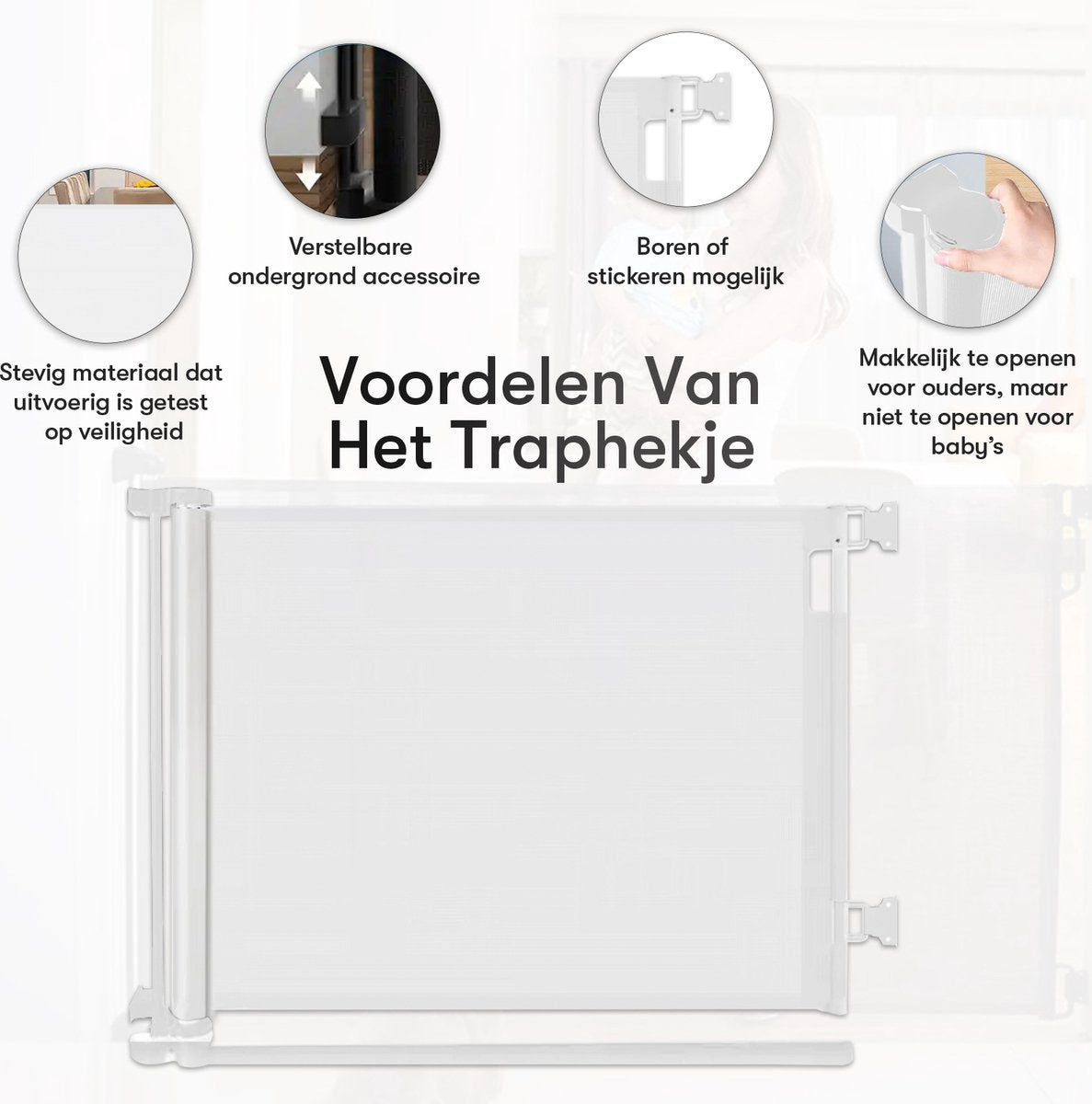 Oprolbaar Traphekje met stickerfunctie - Veiligheidshekje - Verstelbaar - Hondenhekje - Traphekje zonder boren - Kinderhekje - Voor dieren en kinderen - 10 tot 150 cm breed - Wit - Sweet Sprout - afbeelding 2