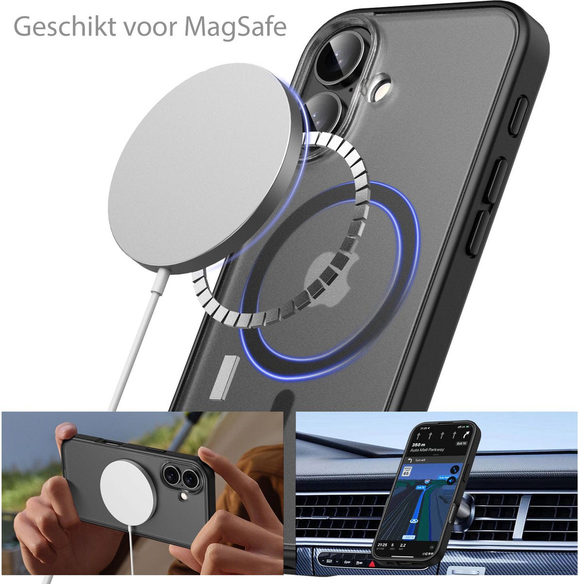 IYUPP Hoesje Geschikt voor iPhone 16 Hoesje - Geschikt voor MagSafe - Shockproof Back Cover - Mat Zwart Transparant - afbeelding 5