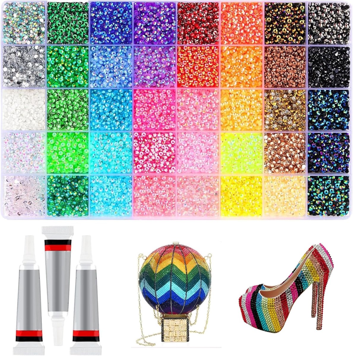 Luxe Strasssteentjes Set - 32.000 Stuks - 40 Kleuren - XXL DIY Rhinestones Kit met 3x 10ml Lijm - Plaksteentjes voor Kleding, Mokken, Schoenen & Nagels - Hobby Pakket - 0.3 cm - afbeelding 2