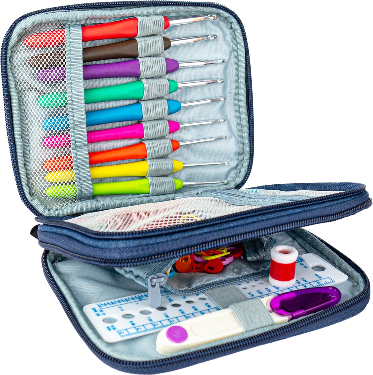 QY luxe Softgrip haaknaaldenset 25-delig met haak& brei accessoires in luxe etui - blauw - afbeelding 1