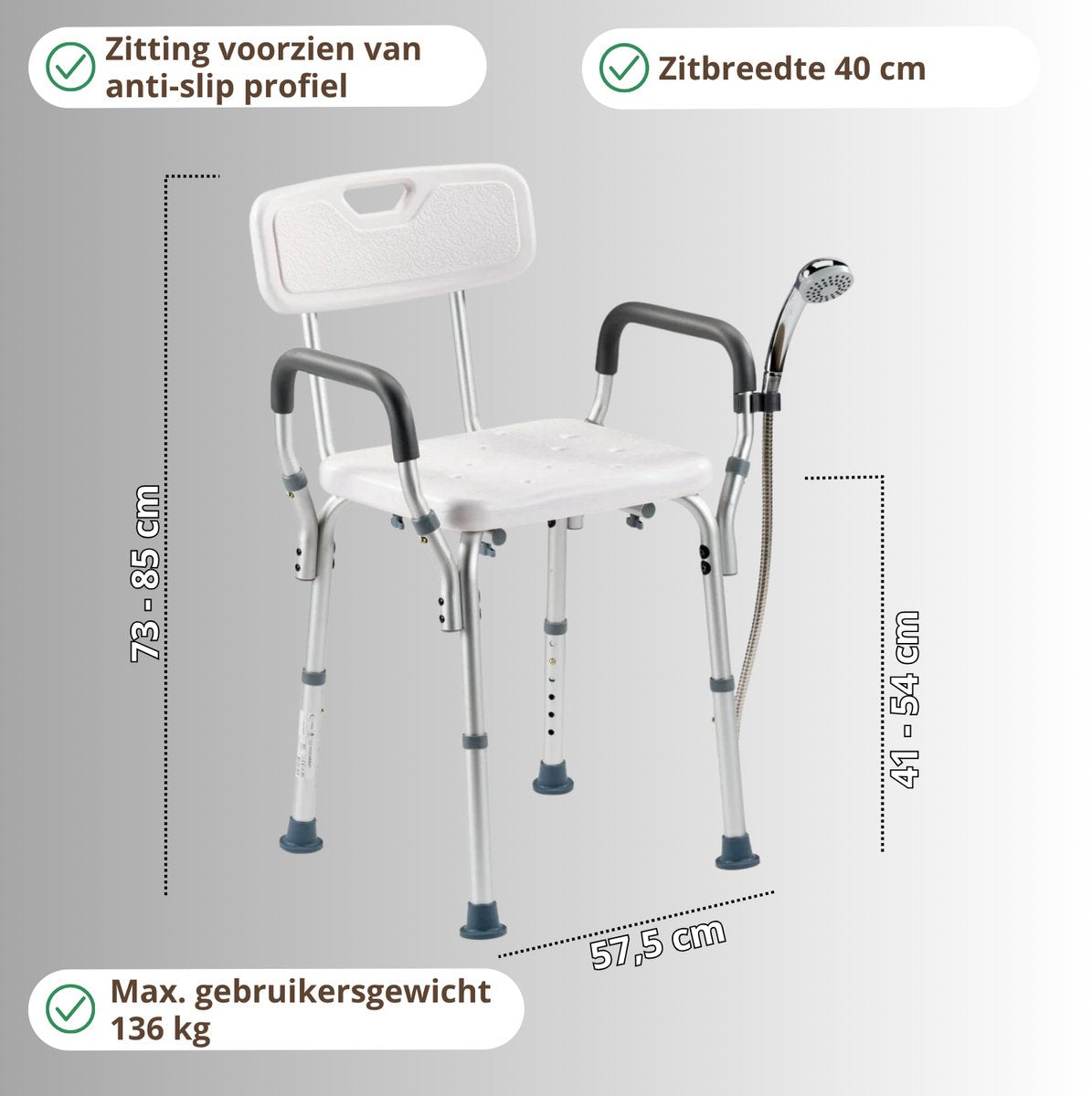 Douchestoel met afneembare armsteunen en douchekophouder - Anti-slip structuur - Lichtgewicht en in hoogte verstelbaar - Douchekruk - afbeelding 5