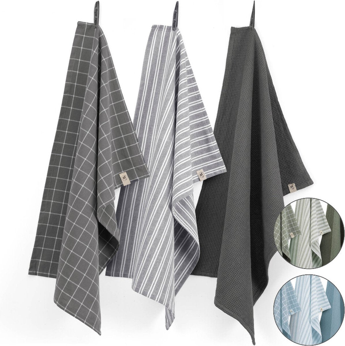 Walra Theedoeken Dry with Cubes, Stripes & Blocks - Keukenhanddoeken 3 x 50x70cm - Legergroen - afbeelding 1