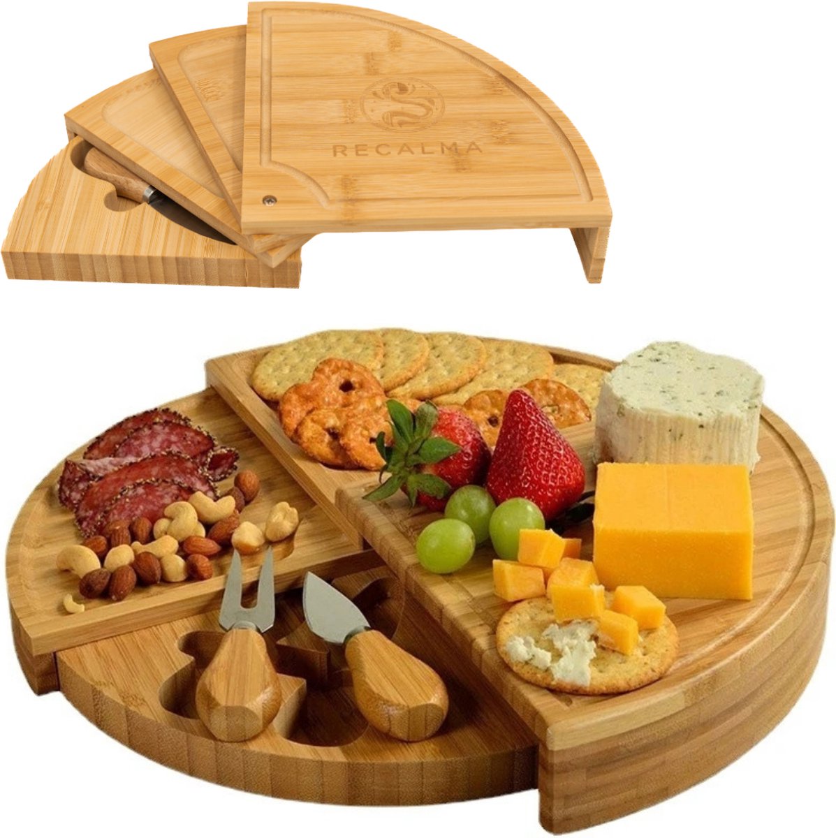 Recalma Tapasplank - Kaasplank - Hapjesplank Bamboe - Borrelplank - 4 lagen - Inclusief twee kaasmesjes - Ronde serveerplank - afbeelding 1