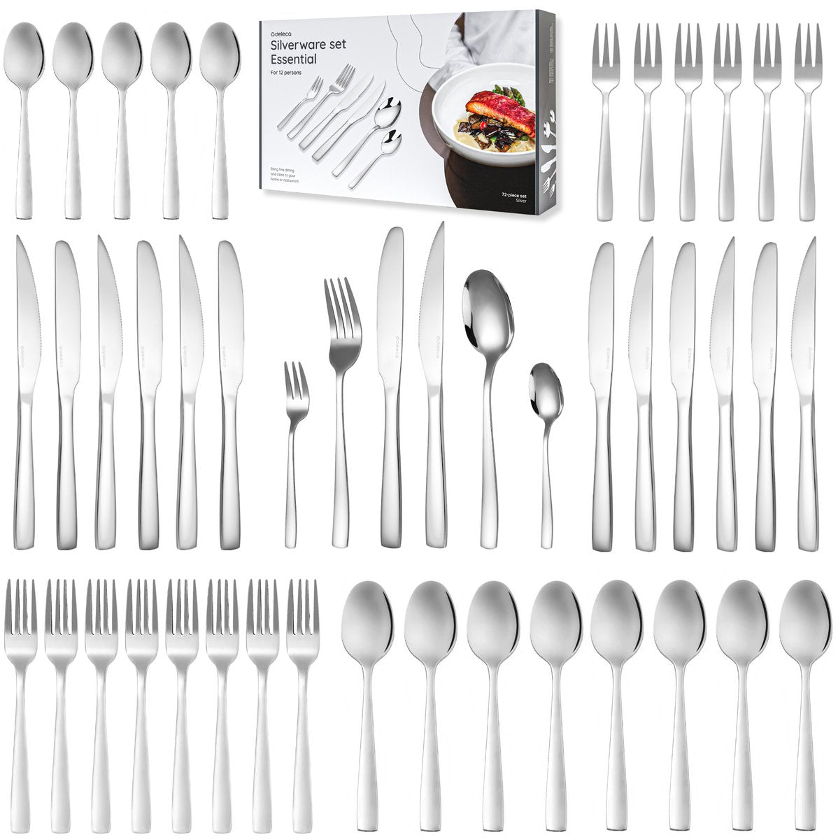 Deleca 12 Persoons Bestekset Essential (72-delig) - Lepels, Messen, Vorken, Steakmessen & Gebaksvorkjes - Vaatwasserbestendig Bestek - Glanzend Zilver / Edelstaal - afbeelding 1