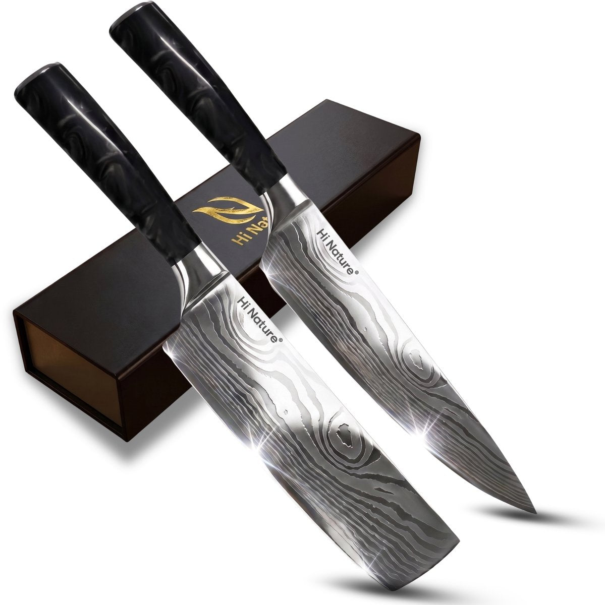 HI NATURE™ Koksmessen set 2 | Messensets 2-Delige Koksmes 20 cm & Nakiri Mes 17 cm Lemmet - Koksmes japans - Chef knife Damascus Patroon - Keuken Mes - Japans Snijmes | Ergonomisch Handvat - Japanse messen - Zwart - afbeelding 1