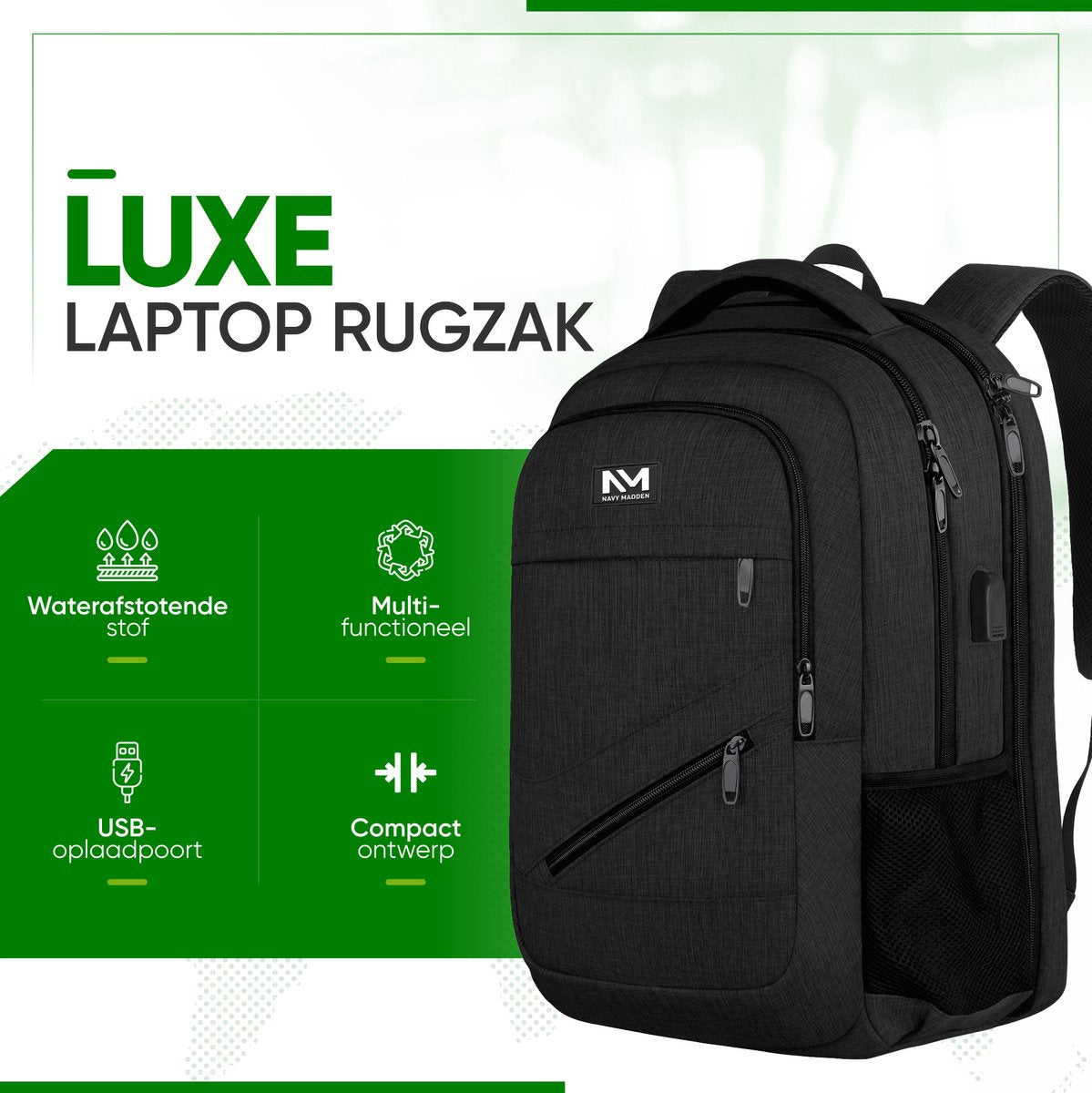 Rugzak met USB Oplaadpoort 17,3 inch Zwart Luxe Laptop Rugtas - Schooltas - Heren - Dames - Jongens - Meisjes - Waterafstotend - Rugzakken - afbeelding 3