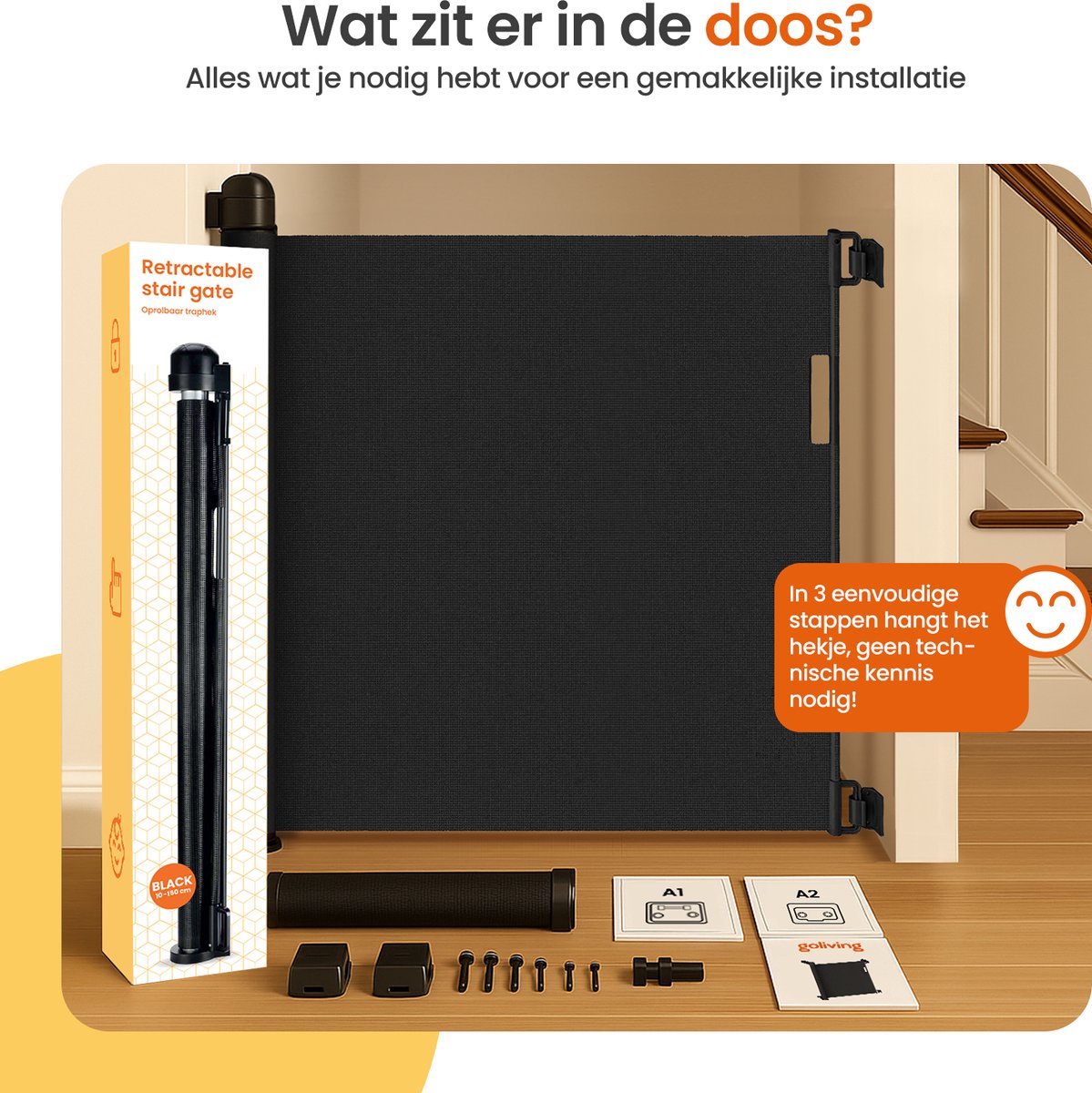 Goliving Oprolbaar Traphekje - Veiligheidshekje - Kinderhekje - Push & Turn - 10 tot 150 cm Breed - Aluminium frame - Mesh - Zwart - afbeelding 5