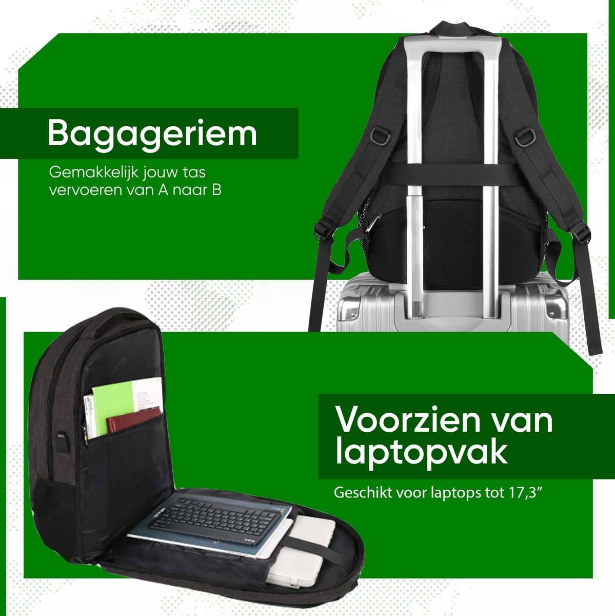 Rugzak met USB Oplaadpoort 17,3 inch Zwart Luxe Laptop Rugtas - Schooltas - Heren - Dames - Jongens - Meisjes - Waterafstotend - Rugzakken - afbeelding 5