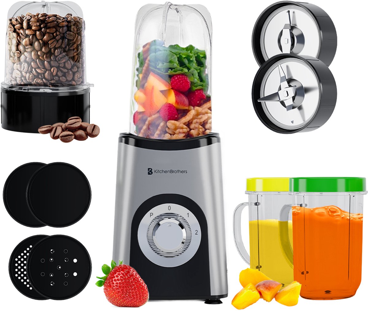 KitchenBrothers Smoothie Blender - 2-in-1 - Blender to Go - 4 Bekers - Smoothie Maker To Go - Mini Blender - Zilver - afbeelding 1