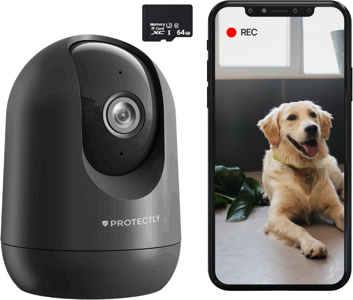 Protectly® Beveiligingscamera binnen - 2K Ultra HD - 64GB SD - Huisdiercamera met app - Beveiligingscamera's - Wifi Camera APP - Volgt beweging en geluidsdetectie - Bewakingscamera - 2.4/5 GHz - Zwart - afbeelding 1