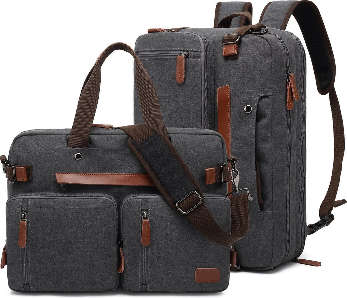 Laptoptas 2 in 1 Laptop Rugtas Schoudertas voor 17.3 inch laptop – canvas grijs - afbeelding 1