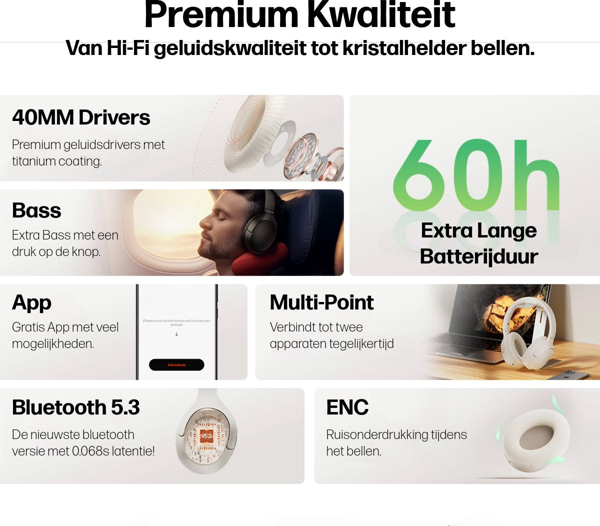Over Ear Koptelefoon Draadloos - Draadloze Headset met Microfoon - Bluetooth 5.3 - 60 Uur Batterij - afbeelding 5