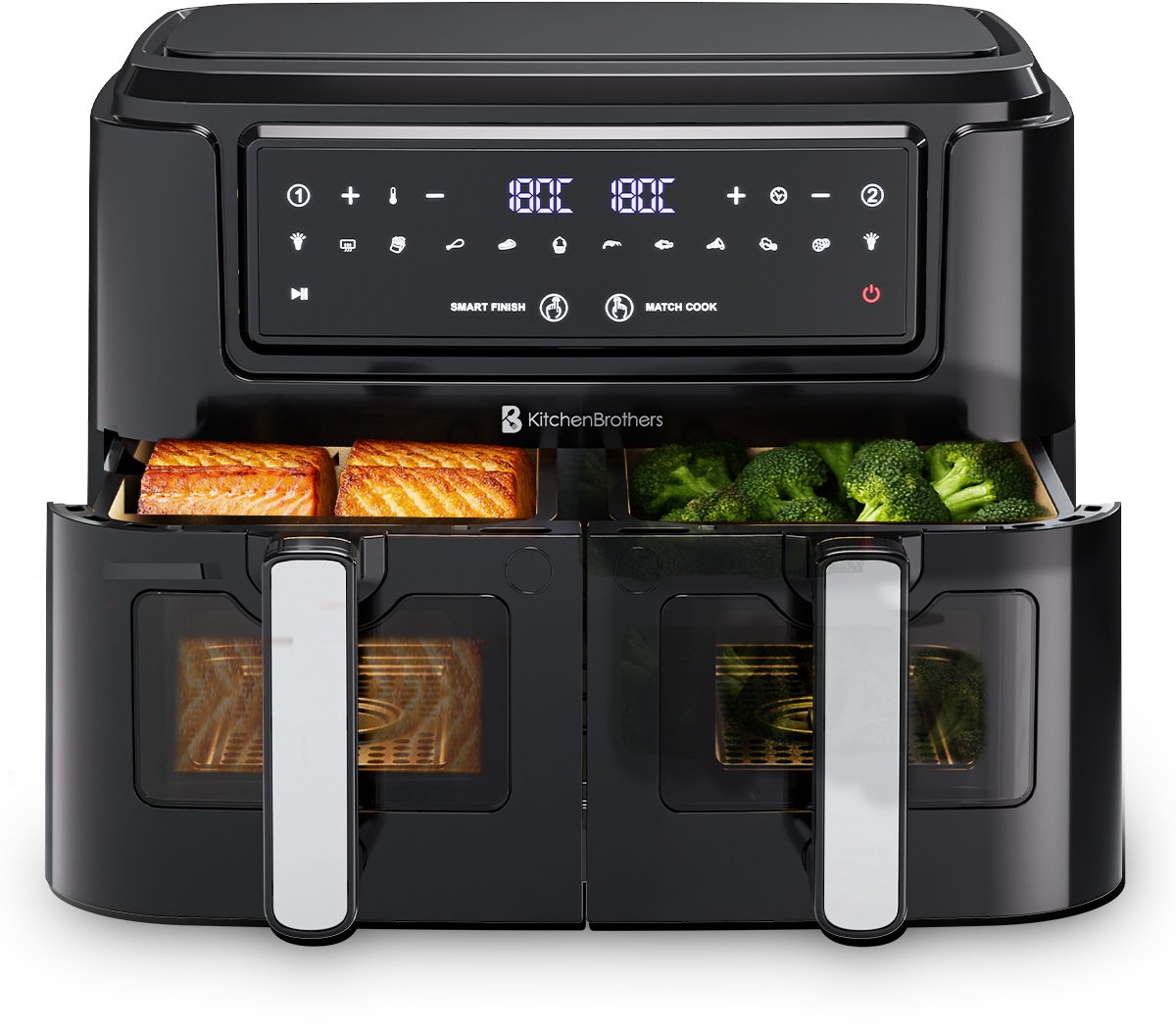 KitchenBrothers Dubbele Airfryer - PFAS-vrij - 2400W - Dual Zone - 9L - Heteluchtfriteuse - Airfryer XXL - 2 x 4.5L - 10 Kookprogramma's - Zwart - afbeelding 1