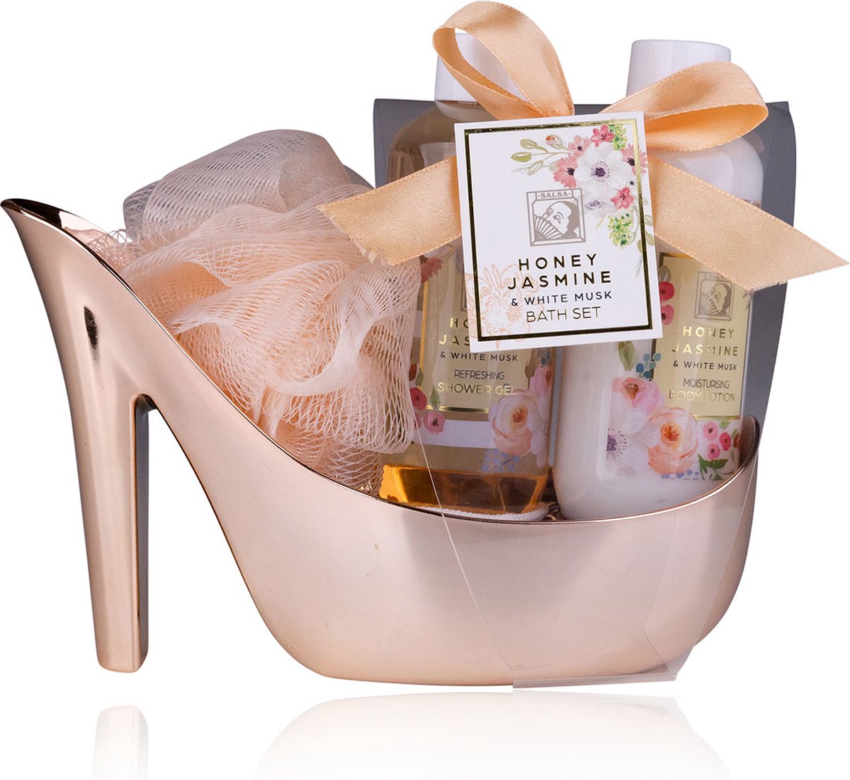 Geschenkset Vrouwen - Honey Jasmine Verwenpakket in Shiny Rosé Pump - Verjaardag cadeau vrouw, moeder, oma, vriendin, mama, zus - Cadeautje voor haar - Giftset - Huwelijk - Housewarming - Cadeautje volwassenen - afbeelding 1