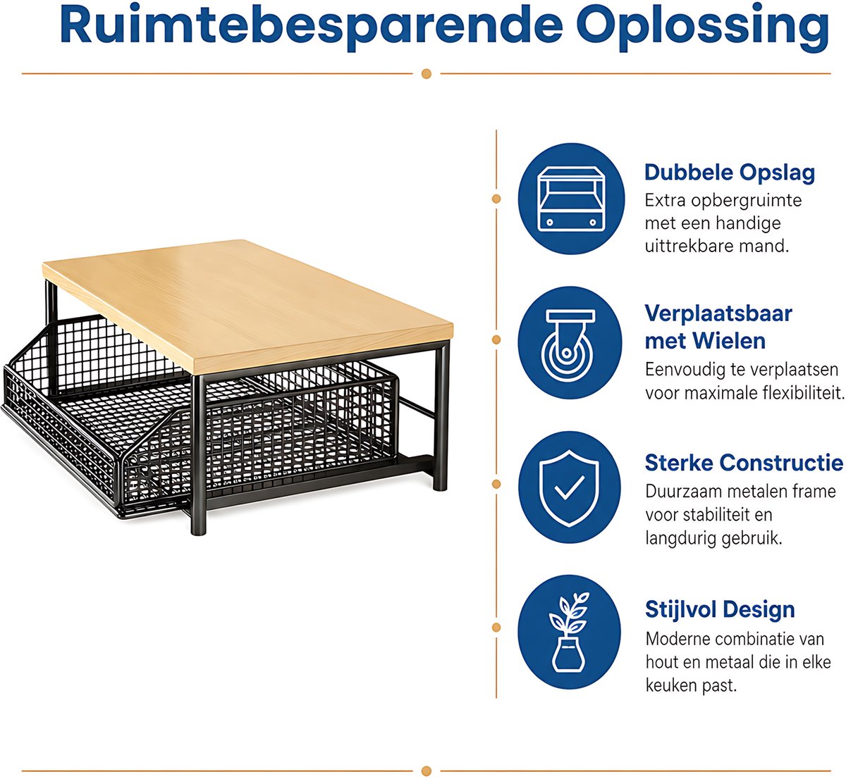 Verrijdbaar magnetronrek met lade - ijzeren frame en houten blad - keukenrek voor aanrecht, groente- en fruitmanden, potten en kruiden - zwart - afbeelding 2