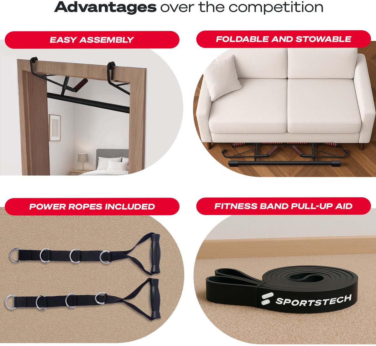 Sportstech optrekstang Pullmate - zonder boren - 200 kg - 3 grepen - TRX-oog - afbeelding 3