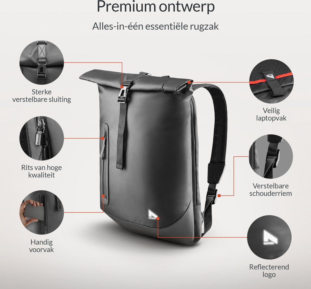 NOHRD Rolltop Laptop Rugzak - 20 tot 40 L - Laptoptas 15.6 Inch - Schooltas - Rugtas met Laptopvak - Dames & Heren - afbeelding 2