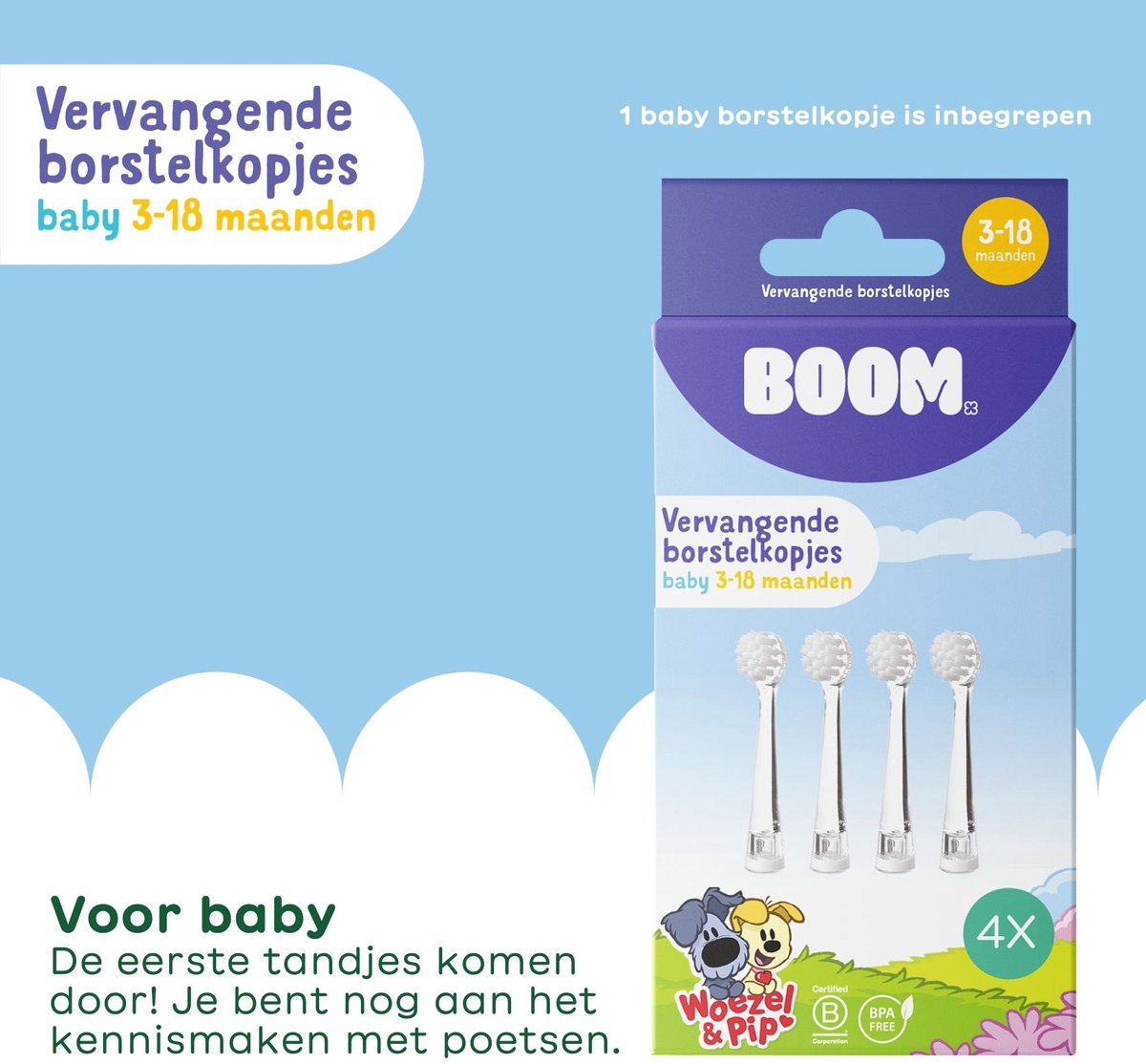 Woezel & Pip Elektrische Tandenborstel Kind (Baby & Peuter) - 3-48 maanden - LED-lampje - 2 Borstelkopjes inbegrepen - afbeelding 4