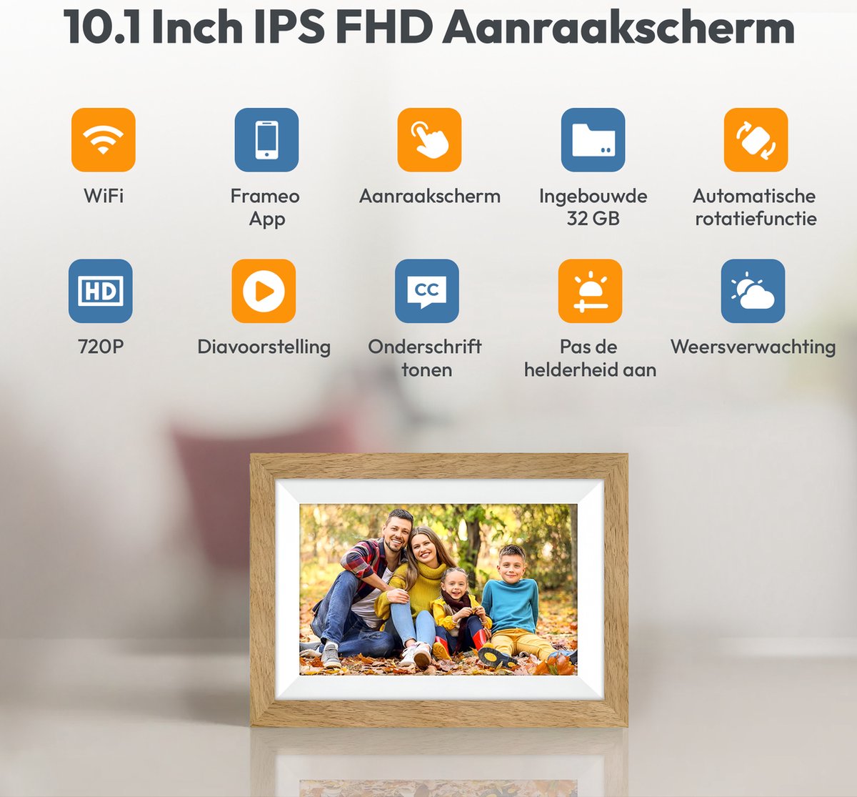 Digitale fotolijst met WiFi en Frameo App - 10.1 inch HD+ IPS Display - Fotokader met Touchscreen - 32GB - Bruin/Wit - Frameo digitale fotolijst - digitale fotokader - digitaal fotolijstje - afbeelding 2