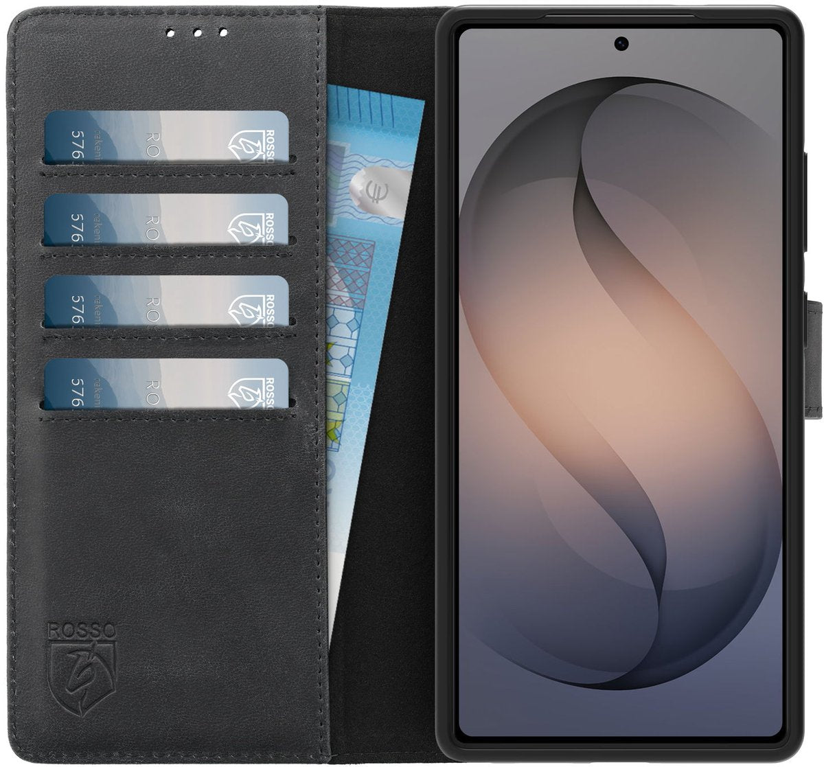 Rosso Deluxe Echt Leer Hoesje Geschikt voor Samsung Galaxy S26 Ultra | Ruimte voor drie pasjes | Portemonnee Book Case | Met Pasjeshouder | Zwart - afbeelding 1