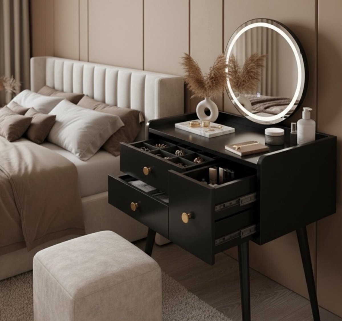 MAZAZU Kaptafel zwart met lades en LED-spiegel –Make up - tafel - 135cm - afbeelding 3