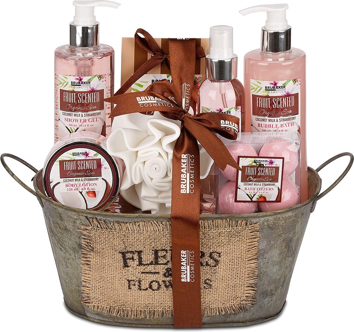 BRUBAKER Cosmetics Bad- en Doucheset, Kokosnoot & Aardbeigeur - Cadeautip Vrouw - Cadeau Idee - 11-delige Cadeauset in Vintage Plantenbak - Cadeau - Bodylotion - douchegel - Moederdag Cadeautje - afbeelding 1