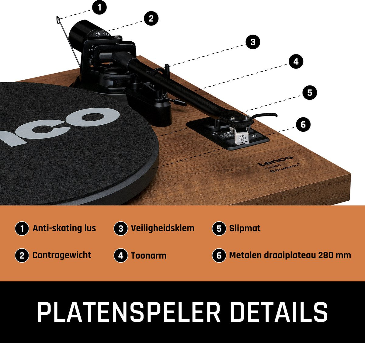 Lenco Platenspeler met Bluetooth - Twee externe Speakers - Ingebouwde Versterker - LS-480WD - Hout - afbeelding 4