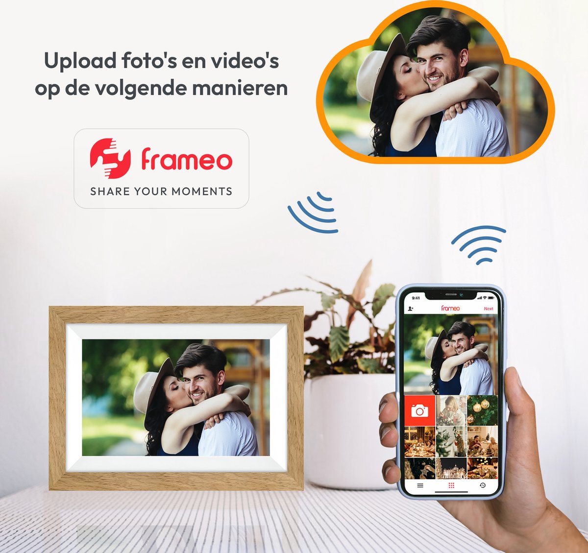 Digitale fotolijst met WiFi en Frameo App - 10.1 inch HD+ IPS Display - Fotokader met Touchscreen - 32GB - Bruin/Wit - Frameo digitale fotolijst - digitale fotokader - digitaal fotolijstje - afbeelding 3