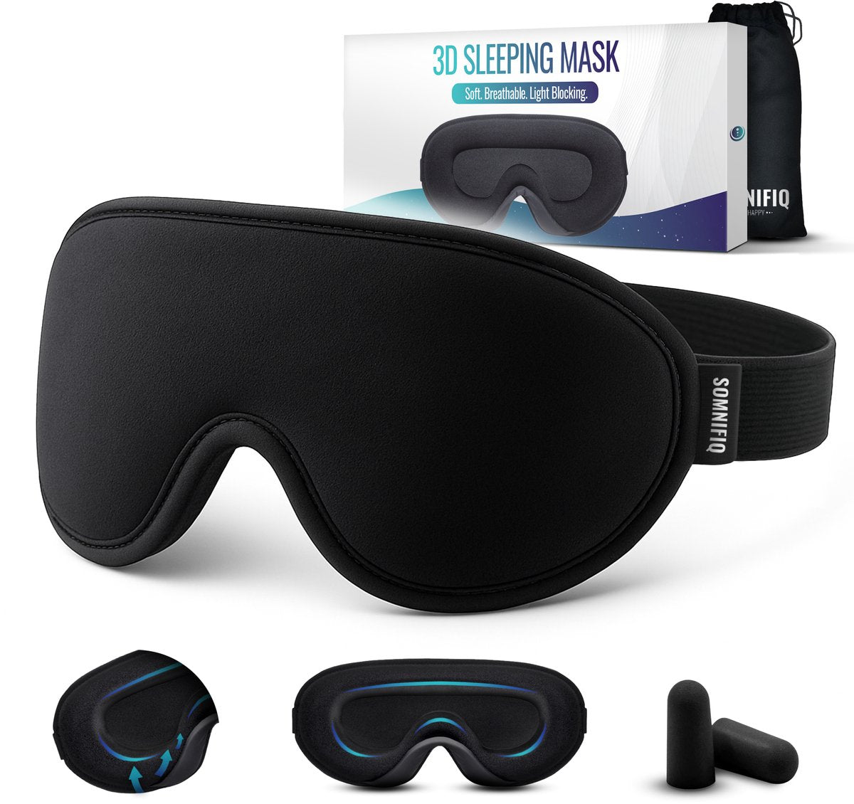 Somnifiq Slaapmasker - Luxe 3D Oogmasker Slaap - Zijden Slaapmasker - Traagschuim - 100% Verduisterend - Voor Mannen en Vrouwen - afbeelding 1
